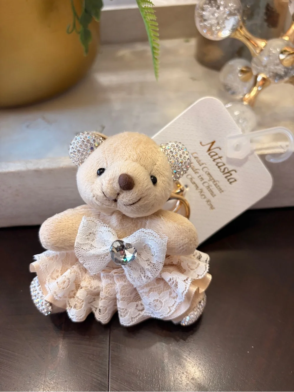 Natasha Couture Cream Teddy Keychain with Crystal Accents